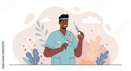 Friendly smiling male nurse holds two syringes, ready for vaccination or injection, in flat design style, suitable for medical websites, banners, and presentations.