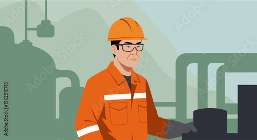 a man wearing a hard hat and safety glasses, standing in front of a backdrop of industrial equipment. Suitable for landing page, banner, marketing, web design, presentation, infographic, etc.