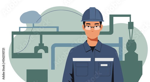 A male engineer, wearing a hard hat and glasses, stands confidently in front of industrial equipment, representing expertise and technical knowledge in a modern, flat-design illustration.