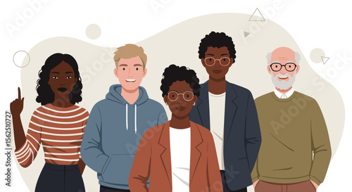 Diverse group of professionals standing together, showcasing a modern, flat design illustration suitable for a business presentation or marketing landing page.