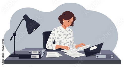 a woman seated at a desk, engrossed in reading a document, with a lamp and a stack of binders nearby. Suitable for landing page, banner, marketing, web design, presentation, infographic, etc.