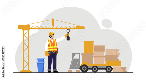 Construction worker in safety vest and hard hat operates crane near truck loaded with building materials for development project.