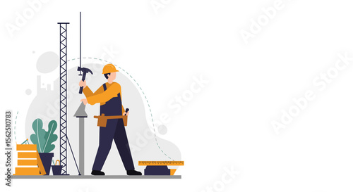 a construction worker in a yellow hard hat and blue overalls, actively engaged in work at a construction site. Suitable for landing page, banner, marketing, web design, presentation, infographic, etc.