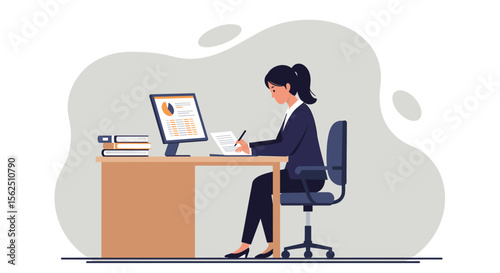 Businesswoman working on a marketing presentation at her desk, using a computer and taking notes; flat design illustration ideal for landing page banners, websites, and web design projects.