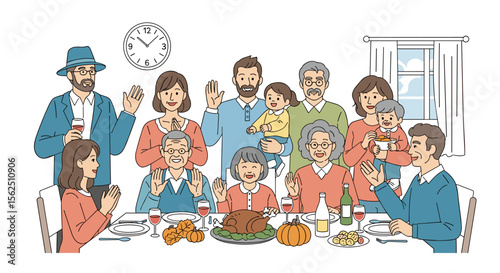 Joyful Family Gathering Around Thanksgiving Table, Celebrating Together with Food