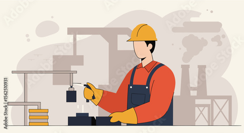 An illustration depicts a factory worker in a yellow hard hat and gloves, operating machinery within an industrial setting, showcasing manufacturing and production processes.