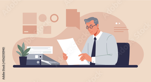 A businessman in a modern office reviews documents, showcasing a clean flat design for marketing and web presentations.