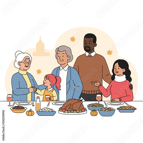 Multigenerational Family Thanksgiving Feast Illustration