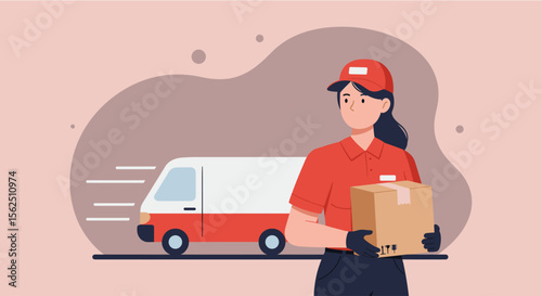 a delivery person in uniform holding a package, with a delivery van in motion behind them. Suitable for landing page, banner, marketing, web design, presentation, infographic, etc.