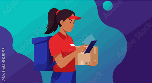 A delivery person in a red uniform and cap, using a smartphone to confirm an order, with a box and a delivery bag, set against a vibrant, abstract background.
