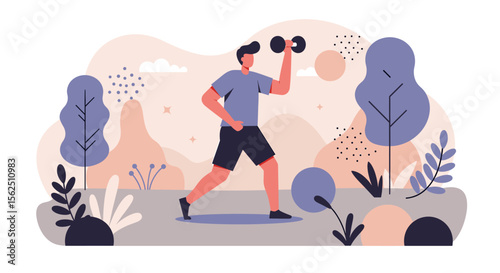 A dynamic illustration of a man working out with a dumbbell in a park setting, suitable for a fitness landing page or health and wellness banner design.