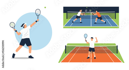 Tennis players in action: Serving, hitting, and celebrating on the court