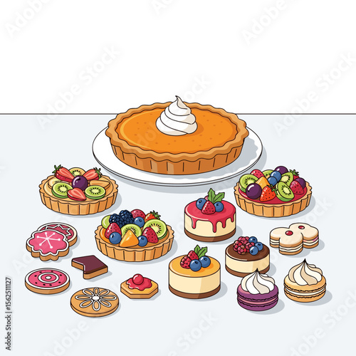 Assorted Cartoon Desserts: Pumpkin Pie, Fruit Tarts, Cheesecakes, Cookies, and Macarons