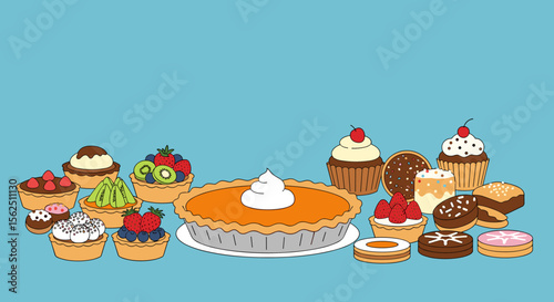 Assorted Delicious Pastries and Cakes with Pumpkin Pie Centerpiece