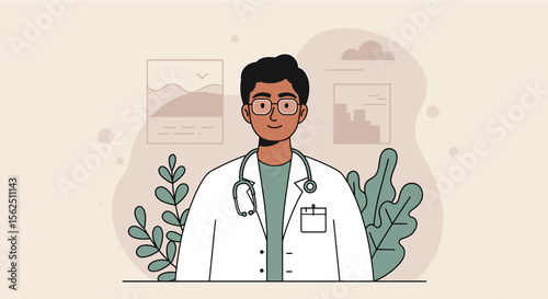 A friendly male doctor in a white coat, stethoscope, and glasses, stands in a modern flat design illustration, perfect for medical presentations and healthcare marketing.