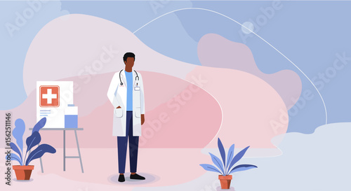 Modern flat design illustration of a doctor standing confidently in a professional medical setting with abstract background elements.