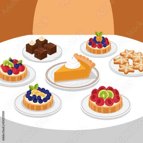 Assortment of Delicious Desserts on Plates, Featuring Fruit Tarts, Pie, and Cookies.