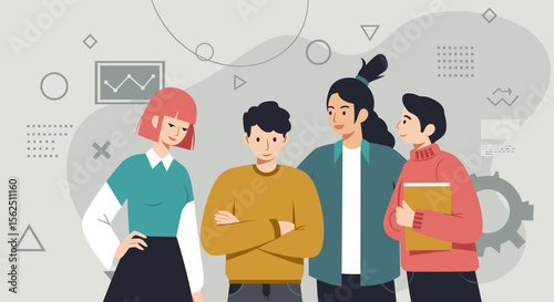 A diverse team of young professionals stands together in a modern flat design illustration, ideal for business collaboration and digital marketing concepts.