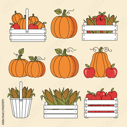 Autumn Harvest: Pumpkins, Apples, and Corn in Baskets and Crates Illustration