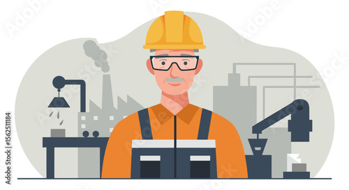 a man wearing a hard hat and glasses, standing in front of a factory backdrop with industrial equipment. Suitable for landing page, banner, marketing, web design, presentation, infographic, etc.