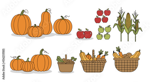 Autumn Harvest: Pumpkins, Apples, Corn, and Vegetables in Baskets