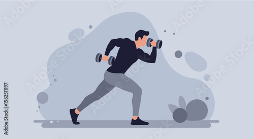 a man in a black shirt and gray pants engaged in a weightlifting exercise, lifting a dumbbell with both hands. Suitable for landing page, banner, marketing, web design, presentation, infographic, etc.