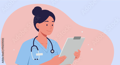 A friendly female healthcare professional in blue scrubs holds a clipboard, depicted in a clean flat design illustration style, ideal for medical marketing.