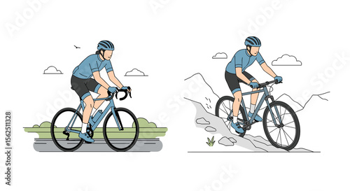 Cyclist Road and Mountain Bike Line Art Illustration