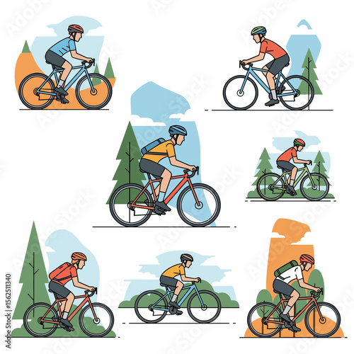 Cyclists Enjoying Mountain Biking on Colorful Bikes with Scenic Backgrounds