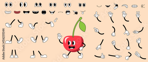 Vintage Cartoon Mascot Set. Retro cherry character with different facial expressions, arms, legs, eyes and emotions. Design for animation. Flat vector illustration collection isolated on background
