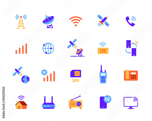 Set of icon related to communications. Colorful signs with internet, satellites, wifi, smartphone, tv and wireless network connection. Flat vector illustration collection isolated on background