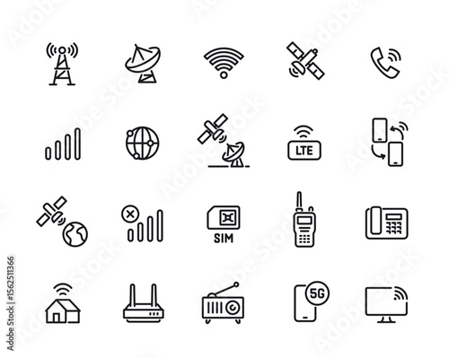 Set of line icon related to communications. Simple symbols with internet, satellites, wifi, smartphone and wireless network connection. Outline vector illustration collection isolated on background