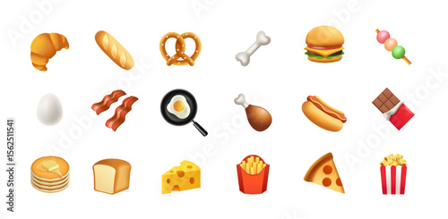 Food Icon Set. Symbols and emojis with fast food, pizza, burger, bacon, chocolate and ice cream. Design elements for social networks. Cartoon 3D vector illustration collection isolated on background