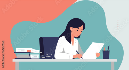A professional woman, in a flat design style, meticulously works on important documents at her desk, showcasing a focused and dedicated work ethic in a modern office setting.