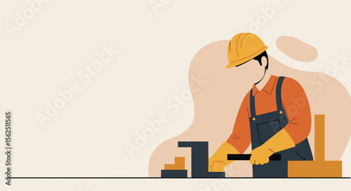 a construction worker wearing a hard hat and safety gear, actively engaged in a task at a workbench. Suitable for landing page, banner, marketing, web design, presentation, infographic, etc.