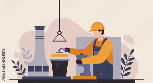A flat design illustration depicts a skilled factory worker pouring molten material into a mold within a modern industrial manufacturing plant.