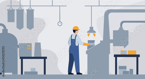 A modern flat design illustration showcasing a factory worker operating machinery within a manufacturing plant, ideal for a landing page or business presentation.