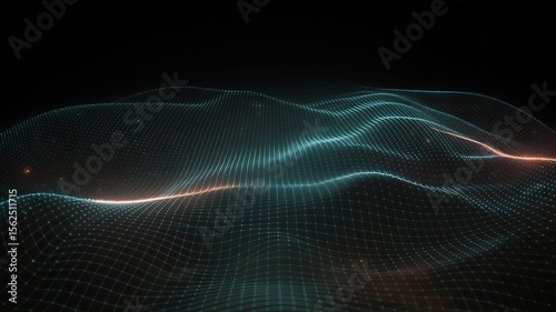 Abstract glowing digital network grid with flowing waves and light