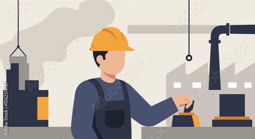 A male factory worker in a hard hat operates heavy machinery within a bustling industrial plant, depicted in a modern flat design illustration.