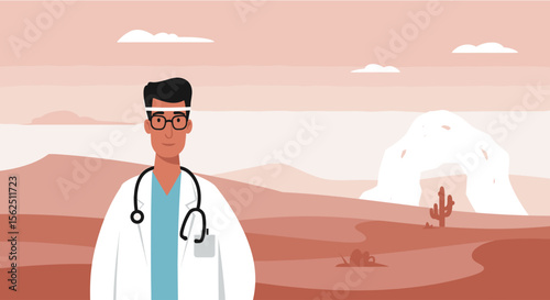 a doctor in a white coat and stethoscope standing in a desert landscape with mountains in the background. Suitable for landing page, banner, marketing, web design, presentation, infographic, etc.