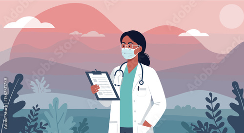 Female doctor in a white coat and mask, reviewing medical documents outdoors, against a scenic landscape background, ideal for healthcare websites, presentations, and marketing materials.