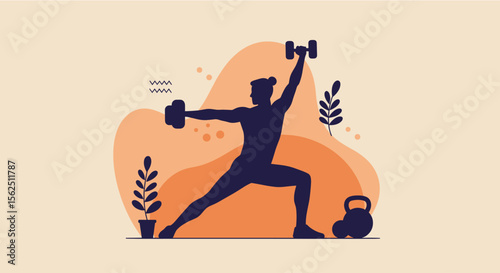 A male silhouette performs a dynamic workout with dumbbells and a kettlebell in a modern flat design illustration, perfect for health and fitness marketing.