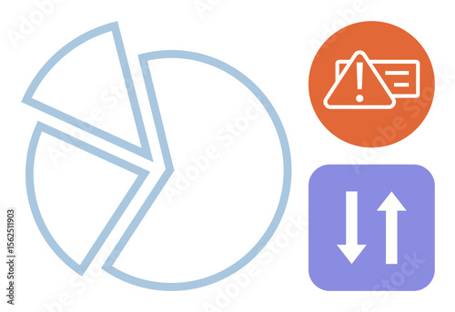 Blue pie chart with segments, orange warning icon, and purple up-down arrows indicating data analysis, risk, priority setting. Ideal for analytics, decision-making, finance, planning business