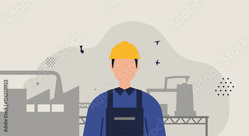 A flat design illustration depicts a construction worker in a blue uniform and yellow helmet against a factory backdrop, suitable for business presentations and marketing materials.