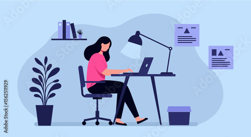 A woman is seated at a desk, working on a laptop with a lamp illuminating her workspace. Suitable for landing page, banner, marketing, web design, presentation, infographic, etc.