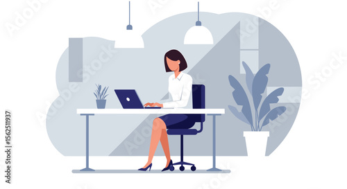 a woman sitting at a desk using a laptop, with a potted plant and hanging light fixtures in the background. Suitable for landing page, banner, marketing, web design, presentation, infographic, etc.