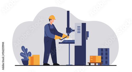 A skilled worker in a factory operates modern machinery, showcasing industrial production and manufacturing processes with a flat design aesthetic.