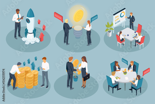 Launching startup. Scenes with entrepreneurs coming up with idea, discussing project, investing money and implementing business.. Isometric 3D vector illustration collection isolated on background