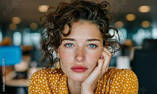 A young woman with curly hair, freckles, and striking blue eyes, rests her hand on her cheek, wearing a polka-dot top