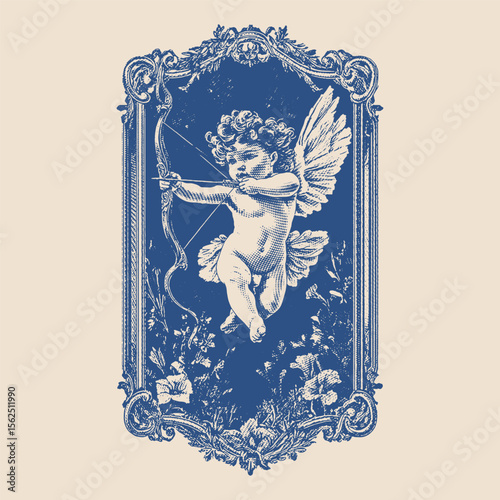 Vintage cherub aiming a bow and arrow, framed with ornate floral design, rendered in classical engraving style